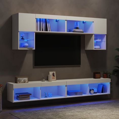 6-tlg. Wohnwand mit LED-Beleuchtung Weiß Holzwerkstoff