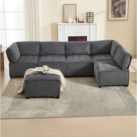 Canapé modulaire 6 places 308/154/81,99 cm gris en velours côtelé, modulable avec poches latérales (1/5)
