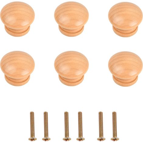 Tiradores de cajón de madera natural de 6 piezas, redondos, con tornillos, para armarios, gabinetes, cocina, dormitorio y oficina.