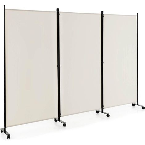 3 Panel Folding Room Divider with Lockable Wheels-White (1/5)