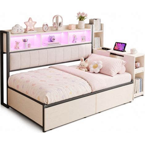 Lit multifonction 90 x 200 cm avec bureau coulissant, grands tiroirs, rangements cachés et prises intégrées, blanc et bois, idéal pour chambre gain de place, de CHICFURN (1/5)