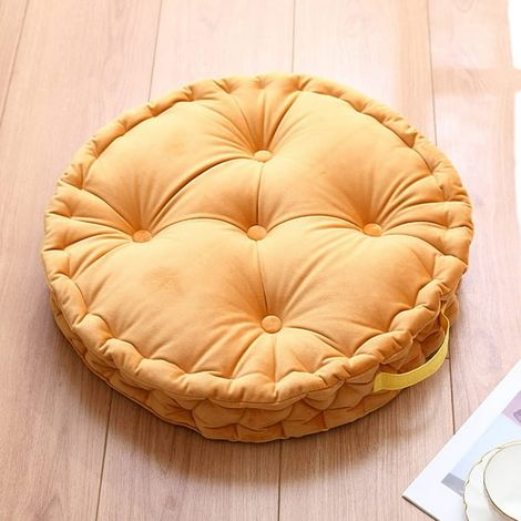 Coussin de sol en velours touffeté, rond et épais avec poignée de transport, coussin de méditation pour patio, assise tatami (Jaune, 50x50x12 cm) (1/4)