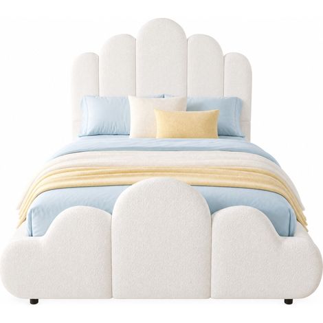 Lit enfant 90 x 200 cm avec tête de lit rembourrée, bords arrondis et design nuage, tissu bouclette beige, sommier inclus, structure stable - CHICFURN (1/5)