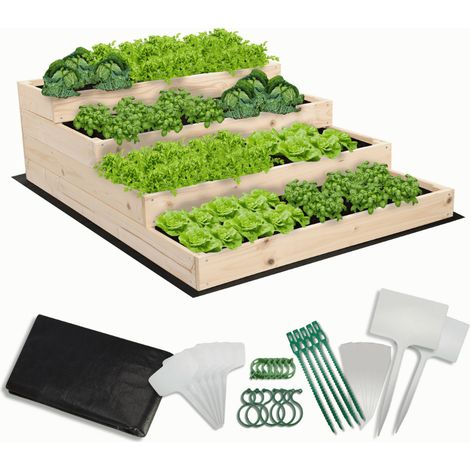 MODO24 Carré potager surélevé en bois, 4 niveaux en cascade, 36x90x120 cm, jardin/terrasse, kit jardinier inclus, naturel
