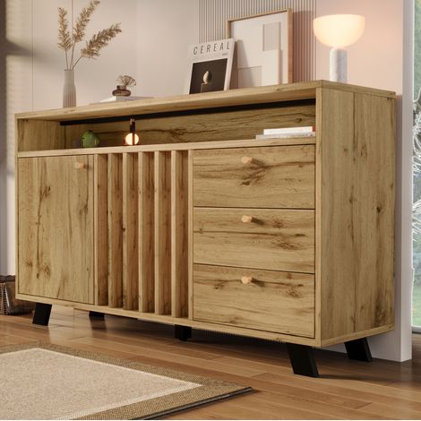 Sideboard Kommode mit 3 Schubladen und 2 Türen Stauraumschrank mit offenem Fach und Lamellenfront im Vintage Stil für Wohnzimmer Esszimmer Flur und Eingangsbereich in dunkler Eiche 120B x 40T x 85H cm (1/5)