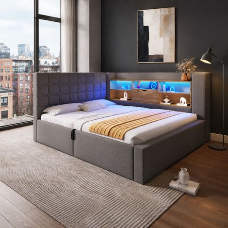 Letto 140x190 cm in lino grigio con LED e contenitore per spazi ridotti senza materasso – MEUBLIV (1/5)