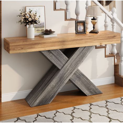 Table console 140x30x80 cm pour entrée et salon, pieds en X, panneau de particules, naturel (1/5)