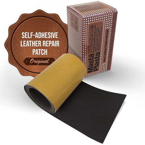MastaPlasta Toppe autoadesive originali per la riparazione della pelle NERO 150 x 10 cm. Qualità da tappezzeria. Il tuo kit di riparazione pelle rapido e facile, per divani, sedili auto e fai da te (1/5)