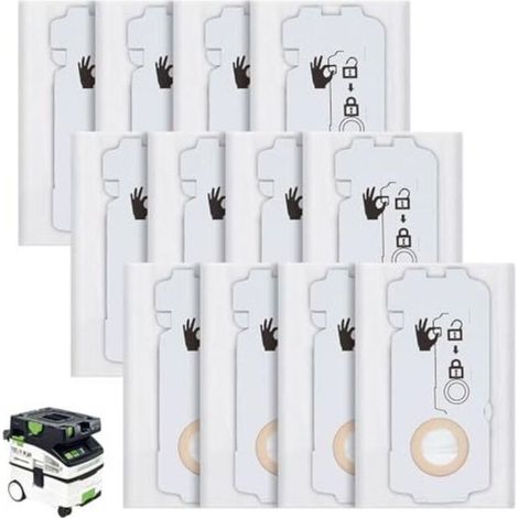 Lot de 12 sacs à poussière 204308 pour aspirateurs Festool CT MINI, CT MINI I, CT MIDI et CT MIDI I (modèles 2019 et suivants) - Aspirateur de type CT MIDI-2 (sac SMS). (1/5)