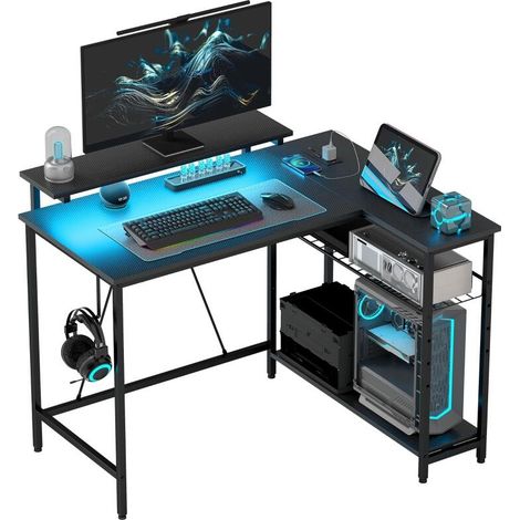 Bureau d'angle réversible avec LED, 2 prises et 2 ports USB, panier réglable, dimensions 107x80x90cm, couleur noire. (1/5)