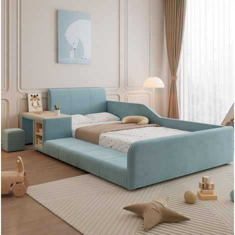 Cama individual tapizada con escritorio lateral y taburete, terciopelo azul y acabado natural, 90x200 cm (1/5)