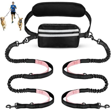 Laisse mains libres pour chien avec pochette - Laisse élastique double rétractable pour deux chiens, ceinture réglable avec deux p,s (1/5)