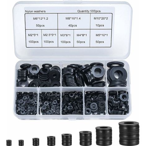 500 Pièces Rondelles Plates Nylon Noir, Rondelles Plates Isolation Rond Joint Spacer Joint Plomberie Assortiment Kit- M2/M2.5/M3/M4/M5/M6/M8/M10-LIAIKI (1/5)