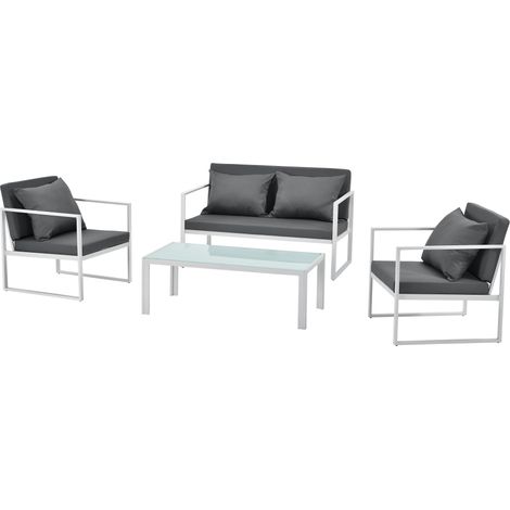 Salon de jardin ensemble de jardin table basse avec canapé et chaises extérieures métal verre polyester blanc