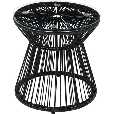 Table de jardin ronde noire en résine tressée imitation rotin, structure métallique et plateau en verre trempé résistant, dimensions Ø40 × 42 cm, idéale pour bistrot, balcon, terrasse et espace extéri