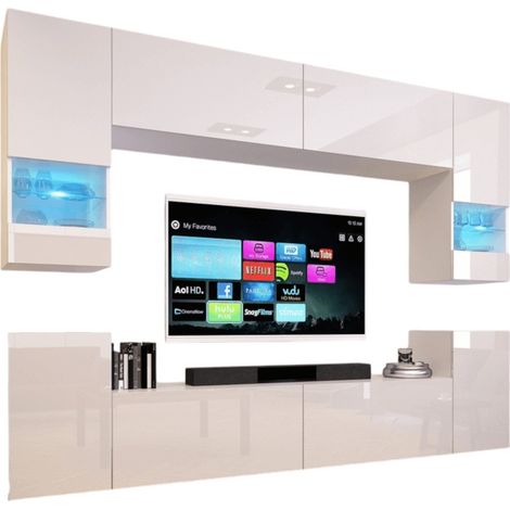 Ensemble de meubles de salon blanc, suspendus collection CEPTO XXVII. 240cm, 8 meubles, leds, modulables.