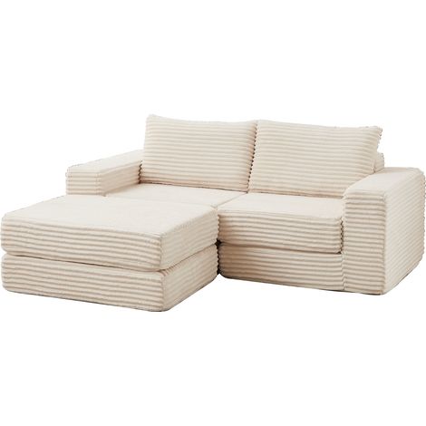 Divano letto modulare 2 in 1 in velluto a coste beige con 2 cuscini e pouf removibile (1/5)