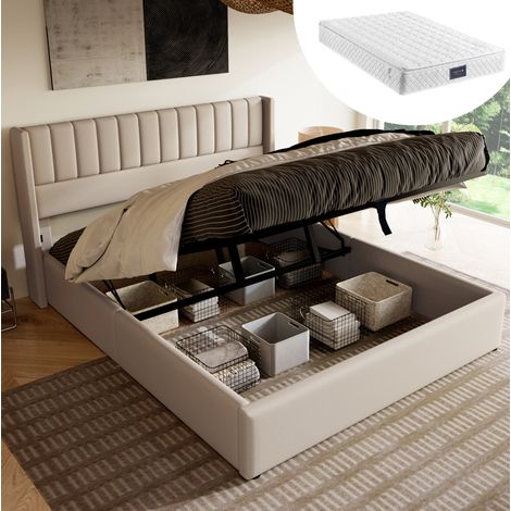 Letto con contenitore in lino beige 140x200 cm con rete a doghe e materasso incluso (1/5)