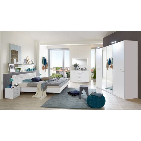 Pegane – Chambre adulte complète blanche – Rechampis verre blanc + chrome – Lit 180x200 cm – Armoire 2 miroirs – Commode 4 tiroirs (1/2)