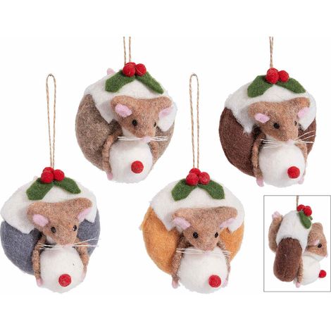 Decorazioni da appendere all'albero di Natale realizzate in feltro con ciambelline e topolini, set da 4 pezzi, cm 9 x 8 x 10,5 H