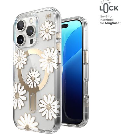 Étui Speck Presidio Lux ClickLock & MagSafe pour iPhone 16 Pro (Marguerites ensoleillées / Transparent / Or) (1/5)