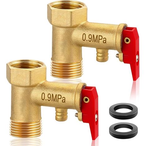 Lot de 2 soupapes de sécurité 1/2", soupape de sécurité en laiton 0,9 MPa, filetage intérieur 1/2" x filetage extérieur 1/2", soupape de limitation de pression pour chauffe-eau, soupape de surpression (1/5)