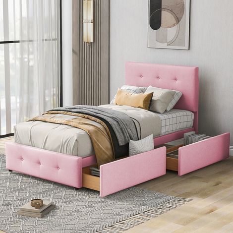 Cama tapizada 90x200 cm rosa de terciopelo con somier de lamas y cajón de almacenamiento (1/5)