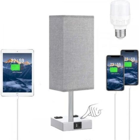 (Ampoule incluse) Lampe de chevet tactile ACKERMAN avec ports de charge USB-C et USB-A, 3 niveaux d’intensité, abat-jour en tissu gris, base en métal, lampe de table pour chambre ou salon (1/5)