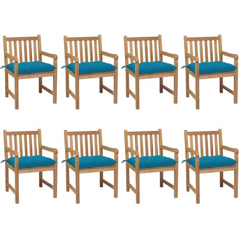 Sillas de jardín 8 uds madera maciza de teca cojines azul claro