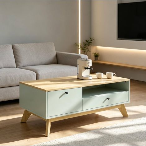 Table basse rectangulaire en MDF vert clair avec tiroir, porte et niche ouverte (1/5)