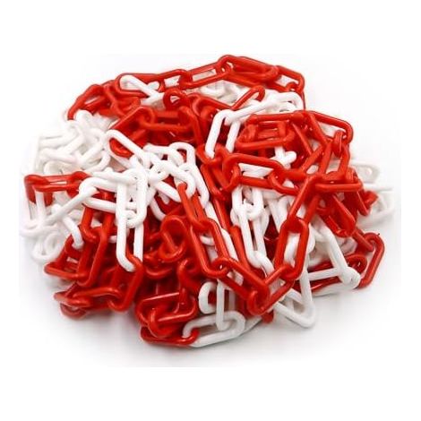 Chaîne de signalisation en plastique rouge et blanc 10 m x 8 mm - Chaîne de signalisation légère et pratique avec 4 crochets en S - Chaîne en plastique pour bloquer les surfaces (1/5)