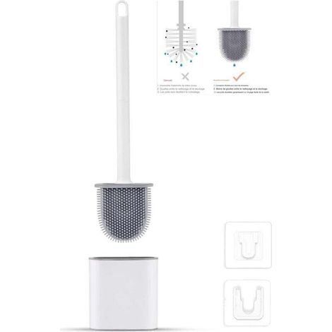 Cepillo de inodoro plano de silicona - Cepillo y soporte para inodoro, antigoteo, antibacteriano, ventilado, de secado rápido e inodoro, para montaje en pared/suelo, baño e inodoro, blanco - Crezuo (1/4)