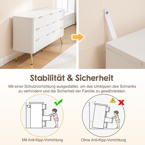 Commode 7 tiroirs blanche moderne, coffre de rangement en MDF robuste avec poignées métalliques et coulisses amorties, meuble de chambre à coucher avec dispositif anti-basculement, pieds surélevés pou (1/5)