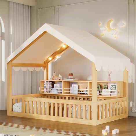 Cama casita 90/200 cm de madera natural con LED, cortina y estantería (1/5)