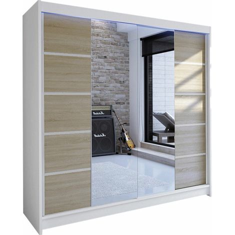 Armoire Closico Cavaris V, Blanc + Sonoma chêne, 215x180x58cm, Portes d'armoire: Coulissantes, Nombre d'étagères: 5, LED: Disponible (1/4)