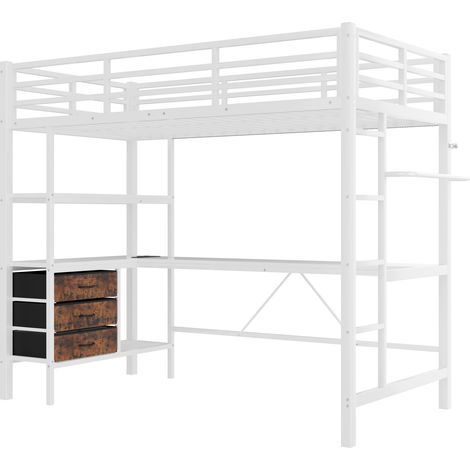 Lit mezzanine 90 x 200 cm avec bureau LED prises USB 3 tiroirs étagères et escalier blanc (1/5)