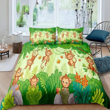 Parure de lit enfant singes dessin animé jungle 135x200cm microfibre