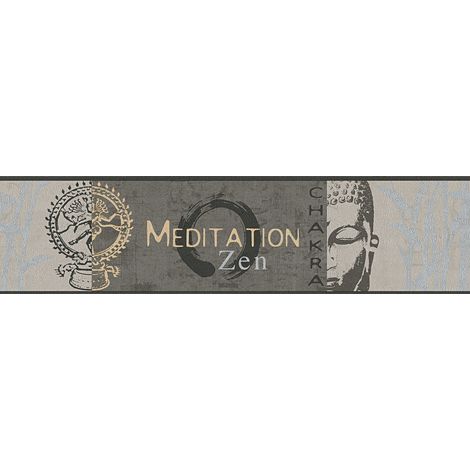 Frise murale japonaise motif Buddha | Frise papier peint zen gris et beige pour chambre | Frise tapisserie à motif et écritures - 5,00 x 0,13 m (1/2)
