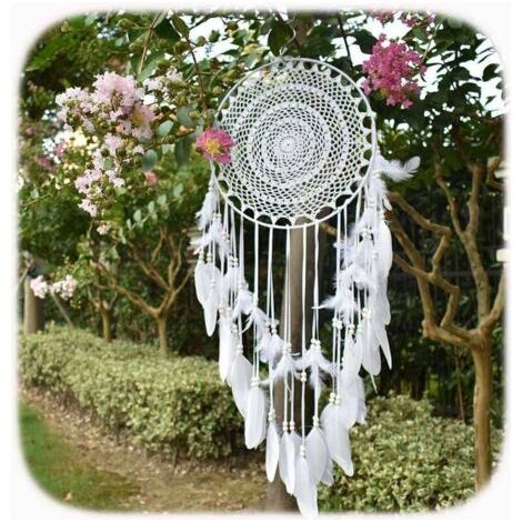 Grand Boho Capteur de rêves Plume Blanche Macramé Tenture Murale Vintage Wedding Home Décorations 35cm Cercle 115cm Long (1/5)