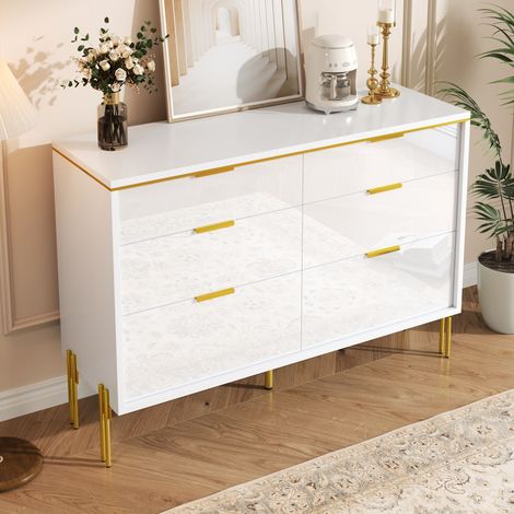 Buffet moderne 120x40x85,5 cm - Avec 6 tiroirs - Pieds hauts - Panneau laqué brillant - Blanc et doré (1/5)