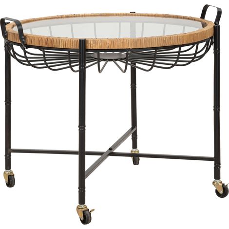 Dmora Couchtisch TamDao, mit Rollen, rund, Platte transparent, 57x65x71h cm, Braun