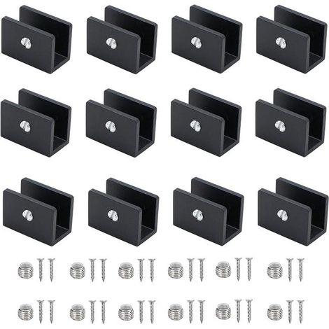 12 abrazaderas para vidrio, soportes de aluminio para estantes, soporte ajustable para mamparas de vidrio, para estantes de vidrio de 8 a 10 mm de grosor (con tornillos) (1/5)