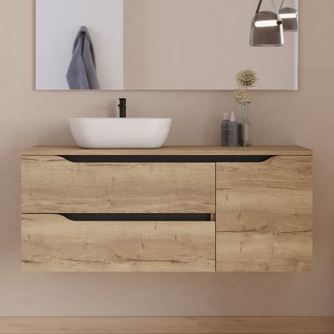 Meuble de salle de bain 120cm avec plateau et vasque à poser déportée à gauche Zeus - sans miroir - 2 tiroirs et un placard - madera miel (bois clair) - ZARZA