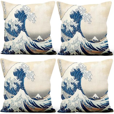 40x40cm Lot de 4 Impression Artistique Japonaise Housse de Coussin Oriental Traditionnel avec Mousse Océan Waves Doux Court Peluche Carré Taie d'oreiller Taverne Japonaise Sofa Tatami (1/4)