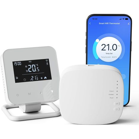 Wireless Thermostat with Receiver, WiFi Connected Smart Thermostat for Gas Boilers and Water Floor Heating, 3XAAA Battery or USB Powered, Compatible with Alexa and Google Assistant (1/5)