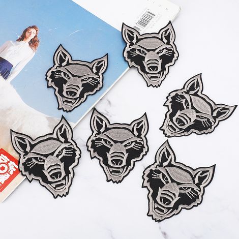 6 autocollants mignons de petites marionnettes de loup, autocollants thermocollants tête de loup, autocollants en tissu pour t-shirts à faire soi-même (tête de loup grise) (1/5)
