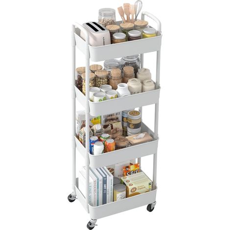 Chariot de rangement 4 niveaux - Plastique et métal - Mobile avec roues pivotantes - Pour cuisine bureau salon - Blanc 39x29x104cm (1/5)