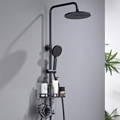 Colonne de douche sans mitigeur en laiton noir mat, système autonettoyant avec tête de douche ronde de 10", douchette ronde 3 fonctions et flexible PVC, pour baignoire et salle de bain (1/5)