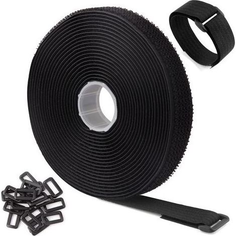Fascette/cinghie per cavi nere regolabili e riutilizzabili da 5 m con 25 anelli e chiusura a gancio per la gestione dei cavi (5 m x 2 cm, nere) (1/5)