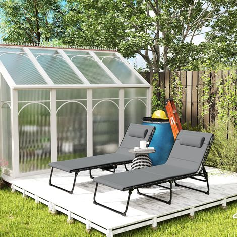 2er Set Sonnenliege klappbar Gartenliege mit Kopfkissen 5-Fach höhenverstellbarer Rückenlehne Seitentasche Dunkelgrau